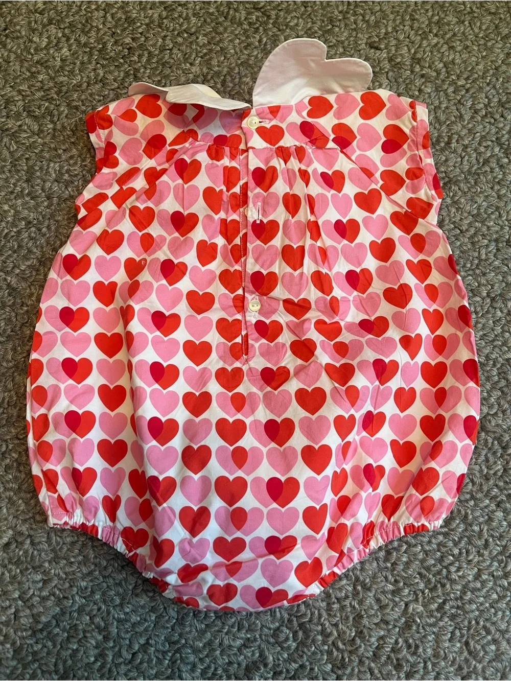 JACADI Pink and Red Heart Print Baby Bubble Romper with White Scalloped Collar